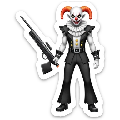 full-body muscular demonic clown, battle-ready, black and white leisure suit with bellbottom pants, bald, black ram horns, flashy black and white belt, ruffled white shirt, no neck tie, large fangs, holding very large futuristic rifle sticker