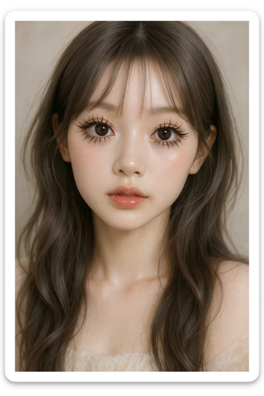 korean douyin makeup girl, brown-gray hair, large doe eyes, dramatic spider lashes, angelic expression, glowing skin sticker