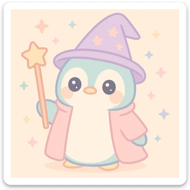 a penguin dressed as a wizard, with a pointy hat and a magic staff, charming colorful style sticker