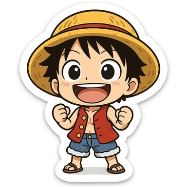 chibi Luffy with straw hat, big eyes, and red vest, looking excited, chibi style, cute character sticker
