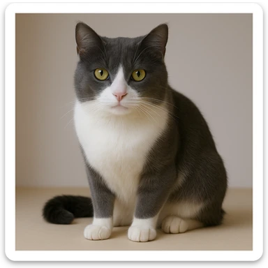Remove about 40% of the cat's hair to make it less fluffy. Keep the fur only gray on top with no stripes, white nose and underbelly. Realistic style with lifelike details. sticker