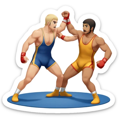 An icon showcasing two wrestlers engaged in a dynamic free wrestling match. The athletes are in mid-action, one attempting a takedown while the other defends. The background features a wrestling mat, and the fighters wear traditional singlets. Transparent background  sticker