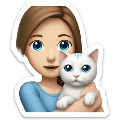 A girl with brown hair down to her shoulders and blue eyes holds a white cat with a gray muzzle in her hand sticker