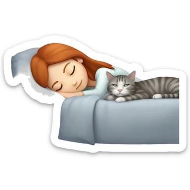 auburn hair girl sleeping with light gray tabby cat next to her sticker