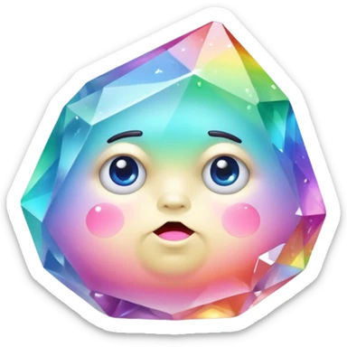 A single pastel rainbow crystal rock character, chubby and heavy with a chunky, irregular polygon shape,covered in faceted crystal planes and small chips, big glossy rainbow eyes  sticker