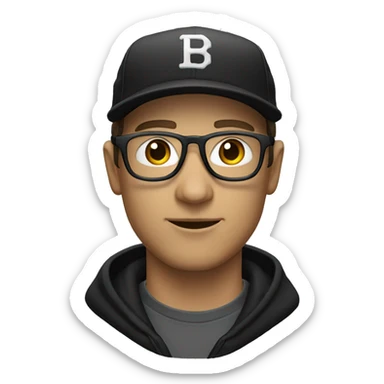 White man in a black baseball cap with a curved brim wearing thin-framed glasses. sticker