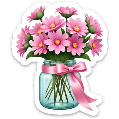 "A glass jar filled with a bouquet of blooming pink flowers, tied with a satin ribbon, romantic vintage style."
 sticker