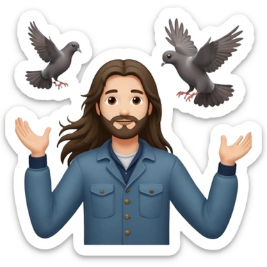 long haired man open arms looking at a flying pigeon sticker