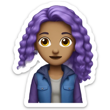 a girl with a purple long hair and purple jacket and blue hort jens sticker
