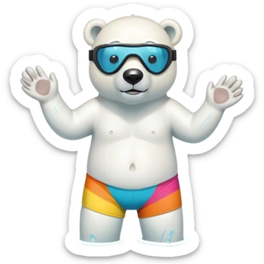 friendly anthropomorphised polar bear standing in a small puddle, wearing colorful board shorts, swimming armbands, scuba mask over eyes sticker