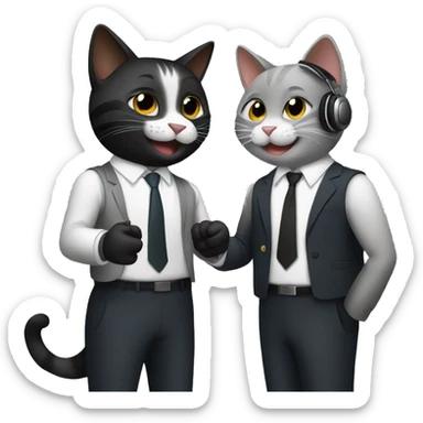 Two dark colored, happy cats, shaking hands in suits with headphones on.   sticker