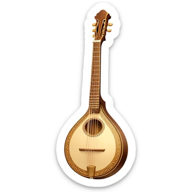 Bouzouki – Cinematic Realistic Bouzouki, depicted as a beautifully crafted Greek string instrument with a long neck and ornate fretwork, its polished wooden body reflecting warm golden light, set on a rustic background with soft shadows that evoke traditional Mediterranean music. sticker