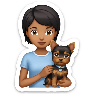 A black short-haired girl holding a Yorkshire Terrier sticker