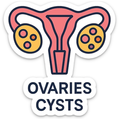 stylized diagram of ovaries showing cysts, labeled, clean lines, modern medical infographic style sticker