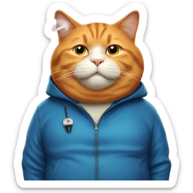 fat orange cat with blue jacket smoking sticker