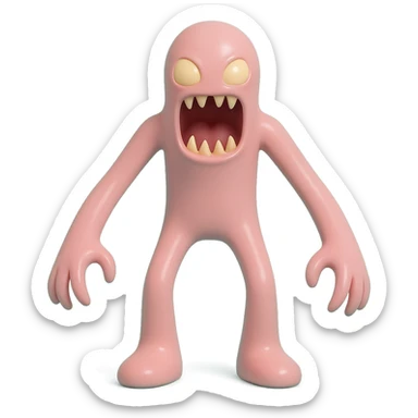 terrifying monster with elongated limbs, gaping mouth with sharp fangs, glowing eyes, shadowy body, toy-like vinyl figure sticker