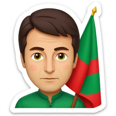 Imran Khan, emoji-style portrait:
- ⚡ recognizable face
- 🎯 holding green‑and‑red PTI flag
- Bold lines, flat vibrant colors
- Square 512×512 px, transparent background
- Expression: determined, charismatic, proud
- Minimal, clean style sticker