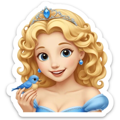 Cinematic Adorable Cinderella Portrait Emoji, Giggling softly while holding a tiny bluebird, golden curls bouncing, eyes sparkling with joy, wrapped in a soft golden glow, exuding warmth and charm, an irresistible blend of beauty and playfulness! sticker