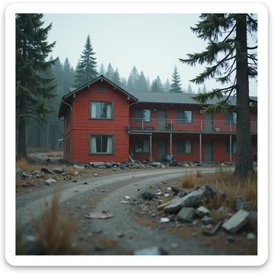  a screenshot of a location in a videogame  the image of the scene consists of:  [above-ground vacant train freeway partially collapsed], a red 1980's construction mansionesque wooden motel painted red, surrounded by war-torn pollution wreckage, wooded area sticker
