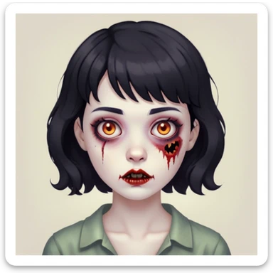 woman with short bangs, short black wavy hair, zombie sticker
