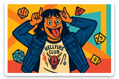 Eddie Munson in vibrant toon style, wide aspect ratio (16:9), making a playful face with hands as horns and tongue out, surrounded by floating Dungeons & Dragons dice, lighter vivid colors and dark outlines. sticker