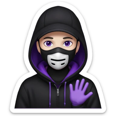 no visible face cartoon blacked character related to a shadow, with all black clothes, focusing a hoodie with his cap on, and a black facemask, just his purple shadow eyes making a light bloom sticker