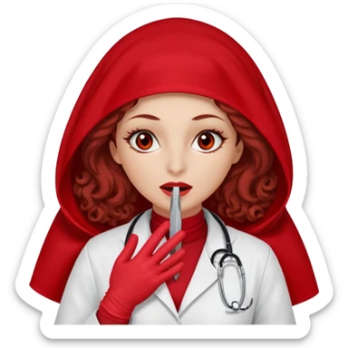 Lilith scalpel in hand, evil surgeon sexy surgeon clothes.  She has red eyes. She brown long curly hair. Wears sexy doctor outfit with red gloves. Wears red burka Covers mouth neck and nose with red burka to hide her identity sticker