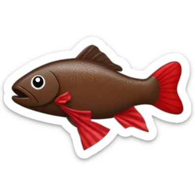 Chocolate brown colored doodle with a red and black flannel hankerchief holding a plush trout fish chew toy sticker