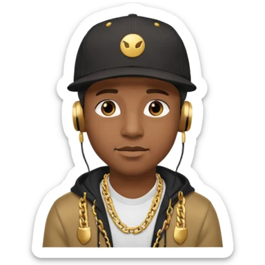 black guy with golden chains earbuds and a snapback cap sticker