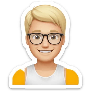 portrait of man, wearing a tank top, square glasses, grinning face, blond hair sticker