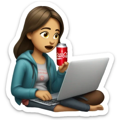 tired girl with laptop drinking coca-cola sticker