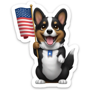 Black corgi waving an American flag sticker