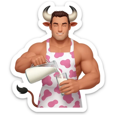 extra large muscular handsome man in the collar with bull horns and and bull ears bull tail dressed in cute apron with pink cow print pouring milk from a glass sticker