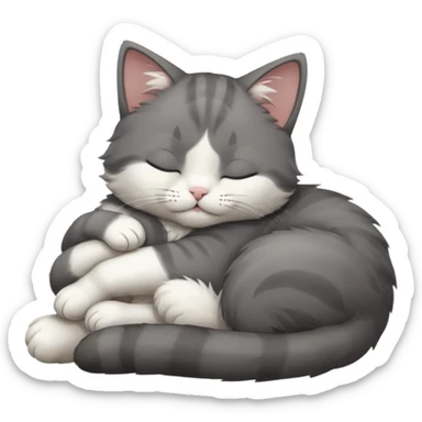 dark grey and white small cat with closed eyes, leaning his head on his paw while leaning on his elbow lying down sticker