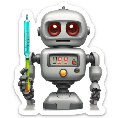 A sick retro robot with a thermometer in its mouth sticker