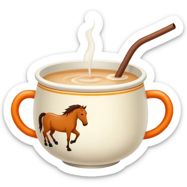 Mongolian milk tea bowl with horse-shaped handle, simplified emoji style with bold outlines and bright colors, cartoon style traditional nomadic drink sticker