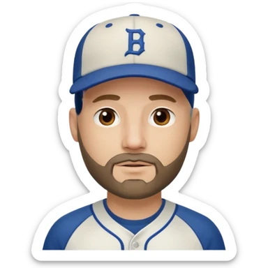 Man with bald head and beard wearing a baseball cap sticker