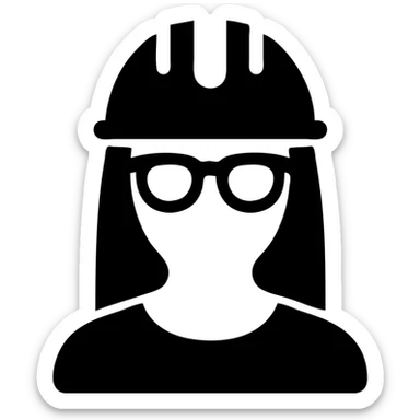 A woman with long, straight black hair, wearing glasses and a white architect's helmet sticker