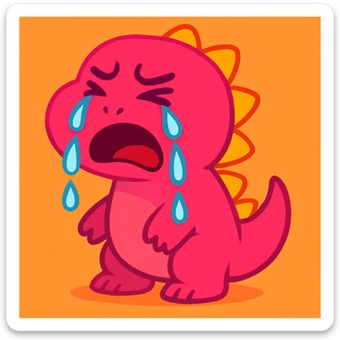 cartoon dinosaur crying, hot pink color, tears dripping down, vibrant, cute sticker