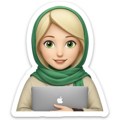 blond women skine , with green eyes , with scarf hijab , hid the hair, with macbook sticker