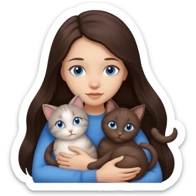 a pretty girl with long dark 
brown hair, with blue eyes, hugs 3 different natural coloured small cats sticker