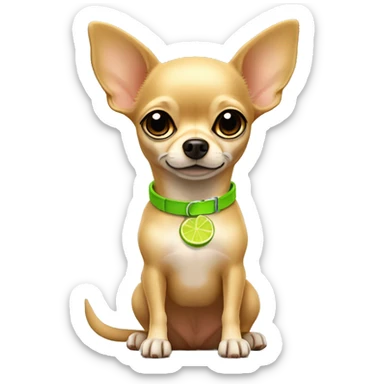 Tan chihuahua sitting with lime green collar sticker