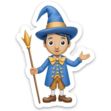 Wooden puppet Pinocchio with a long nose, wearing blue clothes and a pointed hat sticker