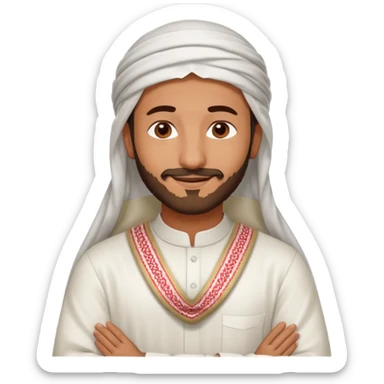 detailed iPhone-style emoji of a Saudi man in white thobe and red-and-white shemagh, smiling gently, both hands on chest, soft cartoon face, short beard, brown eyes sticker