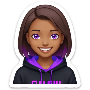 brown haired girl with a bob and blue eyes wearing black hoody with violet letters "Lu", laughs. Cyberpunk style. Violet neon. sticker