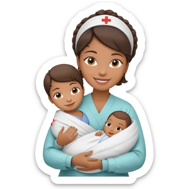 Female nurse smiling with a small hair roll on top of head with medium brown skin and brown eyes holding one new born  sticker