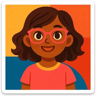 girl with medium brown hair and brown eyes, wearing pink glasses, modern friendly illustration style sticker