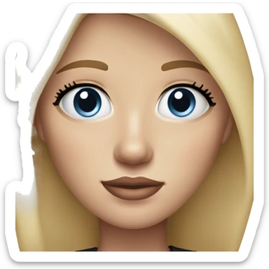 a woman with freckles, blue eyes, light skin, blonde hair and dark roots, pink lips. black clothes. sticker