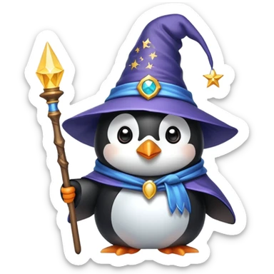 A cute penguin dressed as a wizard with a pointy hat and holding a magic wand sticker