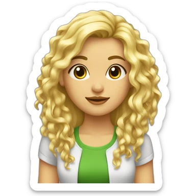 Chica rubia pelo rizado largo y flequillo con ropa verde ldelante ordenador sticker